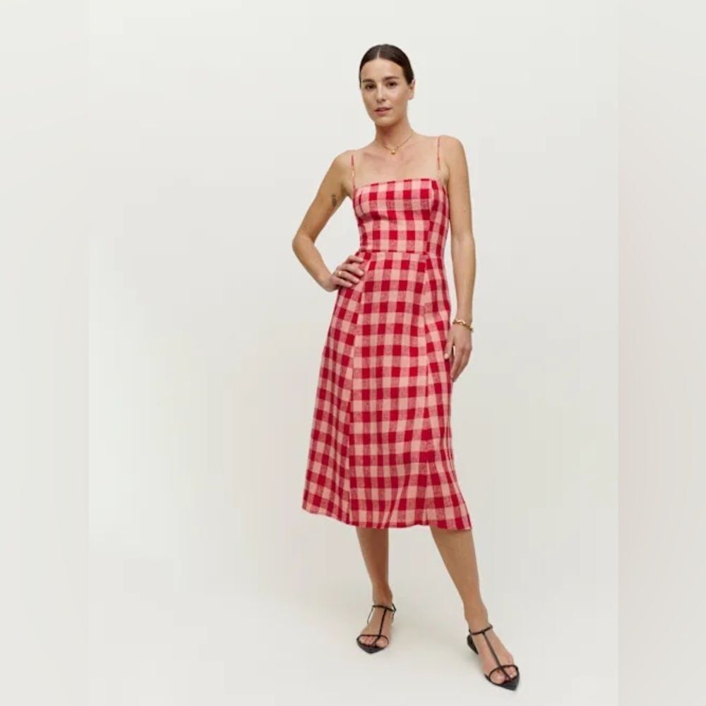Reformation Red Checkered gingham linen spring tea party Midi Dress - Picture 2 of 3
